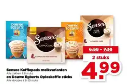 PLUS Senseo Koffiepads melkvarianten , en Douwe Egberts Oploskoffie sticks aanbieding