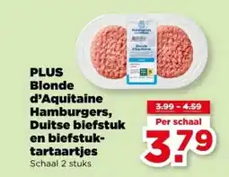 PLUS PLUS Blonde d'Aquitaine Hamburgers, Duitse biefstuk en biefstuk- tartaartjes aanbieding