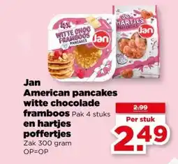 PLUS Jan American pancakes witte chocolade framboos , en hartjes poffertjes aanbieding