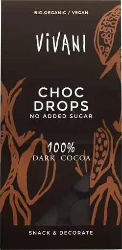 De Online Drogist Vivani Chocoladedruppels Puur 100% Cacao Choc Drops aanbieding