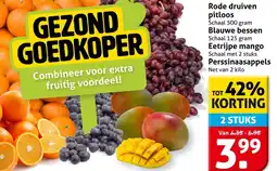 Hoogvliet Rode druiven pitloos, Blauwe bessen, Eetrijpe mango of Perssinaasappels aanbieding