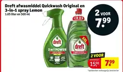 Kruidvat Dreft afwasmiddel Quickwash Original en 3 in 1 spray Lemon aanbieding