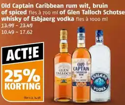 Poiesz Old Captain Caribbean rum wit, bruin of spiced fles à 700 ml of Glen Talloch Schotse whisky of Esbjaerg vodka aanbieding