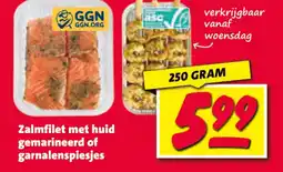 Nettorama Zalmfilet met huid gemarineerd of garnalenspiesjes aanbieding