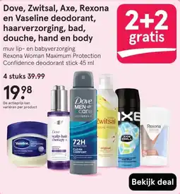 Etos Dove, Zwitsal, Axe, Rexona en Vaseline deodorant, haarverzorging, bad, douche, hand en body aanbieding