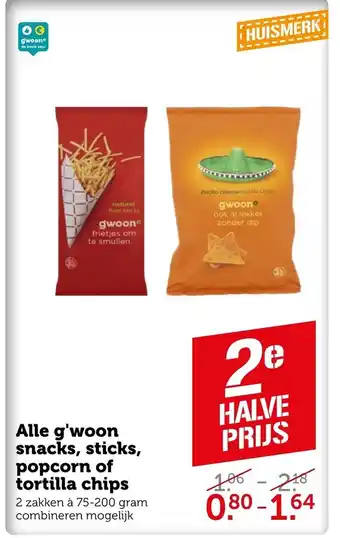 Coop Alle g'woon snacks, sticks, popcorn of tortilla chips 2 zakken a 75-200 gram aanbieding
