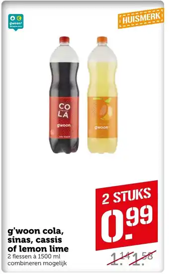 Coop G'woon cola, sinas, cassis of lemon lime 2 flessen a 1500 ml aanbieding