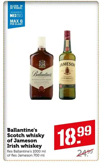 Coop Ballantine's Scotch whisky of Jameson Irish whiskey fles Ballantine's 1000 ml aanbieding