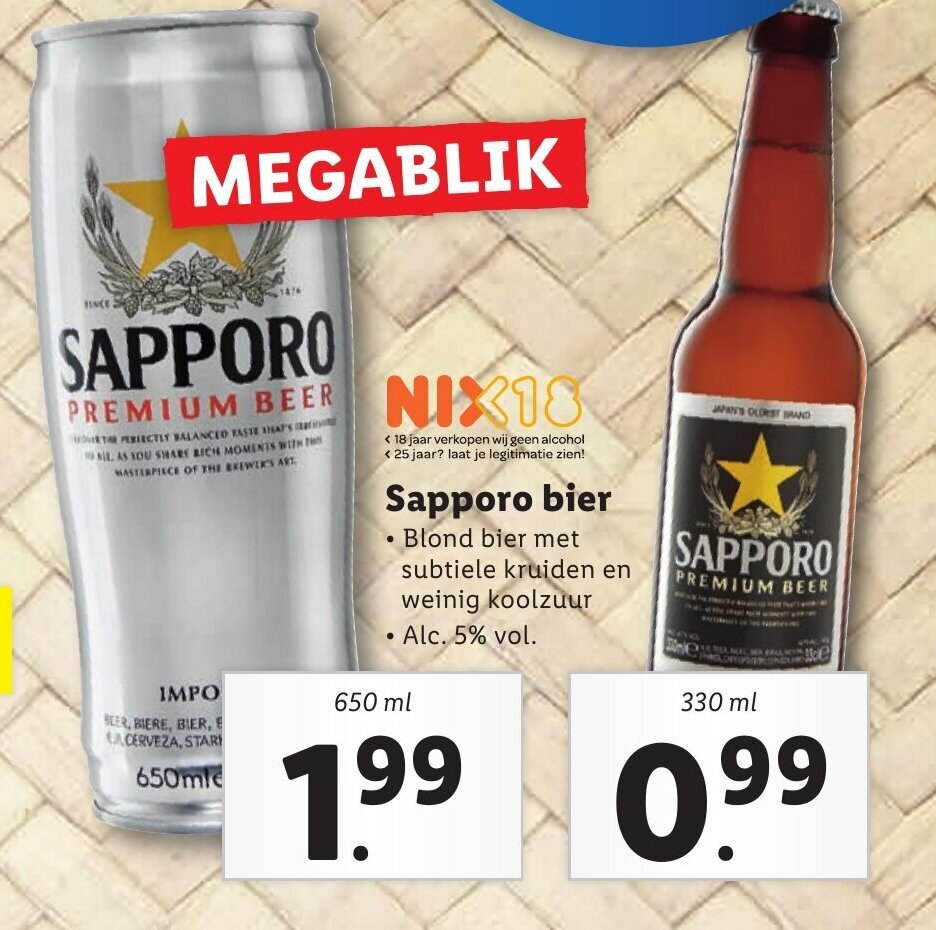 Lidl Sapporo bier 650ml aanbieding