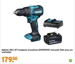 GAMMA Makita 18V LXT klopboor brushless DHP490SF inclusief 3Ah accu en snellader aanbieding