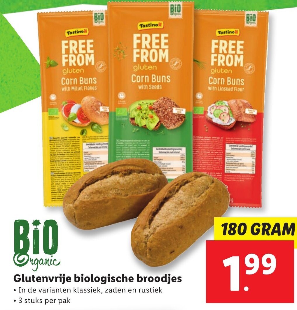 Glutenvrije biologische broodjes 180g aanbieding bij Lidl