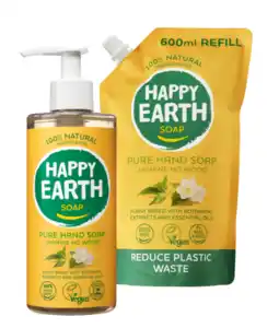 De Online Drogist Happy Earth Jasmine Ho Wood Handzeep + Refill Combi Pack aanbieding
