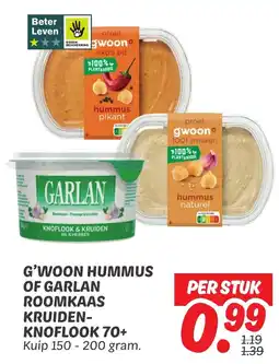 Dekamarkt G'woon hummus of garlan roomkaas kruiden knoflook 70+ aanbieding