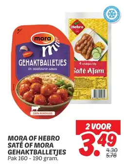 Dekamarkt Mora of hebro saté of mora gehaktballetjes aanbieding