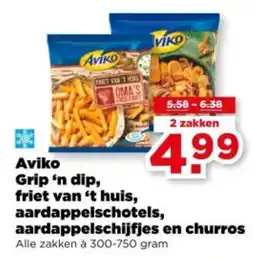 PLUS Aviko grip 'n dip, friet van 't huis, aardappelschotels, aardappelschijfjes en churros aanbieding