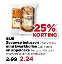 PLUS GIJS Zeeuwse bolussen Doos 2 stuks, mini kwarkbollen Zak 4 stuks en appelcake Per stuk 400 gram aanbieding