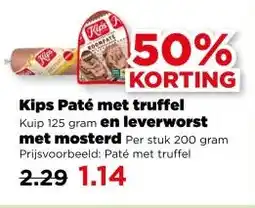 PLUS Kips Paté met truffel Kuip 125 gram en leverworst met mosterd aanbieding