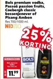 Coop Bols premium vodka, Passoã passion fruits, Coebergh classic bessenjenever of Pisang Ambon aanbieding
