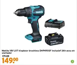 GAMMA Makita 18V LXT klopboor brushless DHP490SF inclusief 3Ah accu en snellader aanbieding