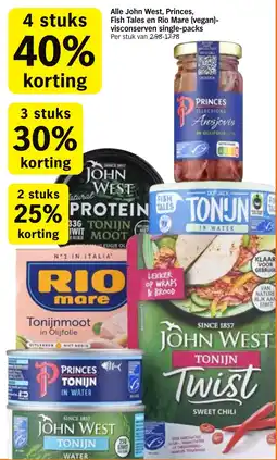 Albert Heijn Alle John West, Princes, Fish Tales en Rio Mare (vegan) visconserven single-packs aanbieding