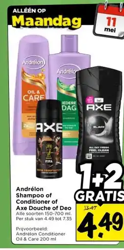 Vomar Voordeelmarkt Andrélon Shampoo of Conditioner of Axe Douche of Deo aanbieding