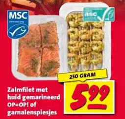Nettorama Zalmfilet met huid gemarineerd OP=OP! of garnalenspiesjes aanbieding