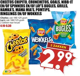 De Boerenschuur Cheetos , crunchetos, goals, nibb-it en/of spinners en/of lay's bugles, grills, hamka's, mama mia's, pomtips, ringlings aanbieding