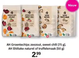 Allerhande AH Groentechips zeezout, sweet chili, AH Shiitake naturel of truffelsmaak aanbieding