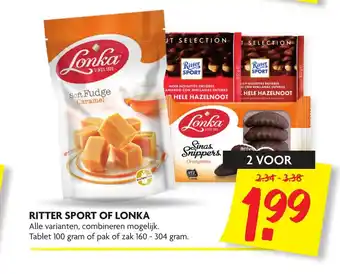 Dekamarkt Ritter sport of lonka Alle varianten, combineren mogelijk Tablet 100 gram of pak zak.160 - 304 gram aanbieding