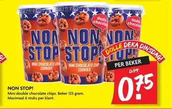 Dekamarkt Non stop Mini double chocolate chips. Beker 125 gram aanbieding