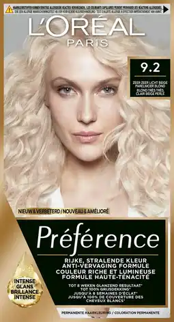 De Online Drogist L'Oréal Paris Préférence - 9.2 Zeer Zeer Licht Beige Parelmoer Blond aanbieding