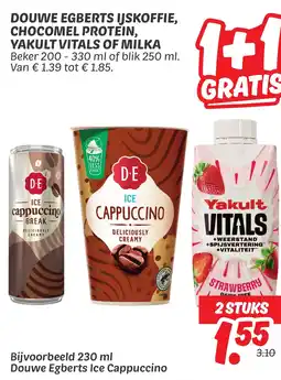 Dekamarkt Douwe egberts ijskoffie, chocomel protein, yakult vitals of milka aanbieding