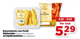 PLUS Boerentrots van PLUS Kiphaasjes en kipdrumsticks aanbieding