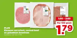 PLUS PLUS Elzasser cervelaat, corned beef en gebakken beenham aanbieding