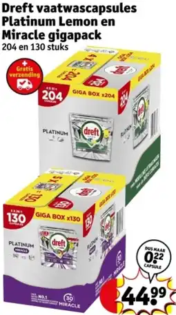 Kruidvat Dreft vaatwascapsules Platinum Lemon en Miracle gigapack aanbieding