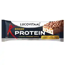 Holland & Barrett 1+1 gratis | Lucovitaal Proteïne Reep Crunchy Amandel Toffee – 64g aanbieding