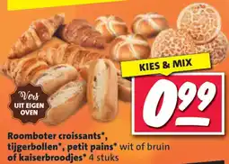 Nettorama Roomboter croissants, tijgerbollen, petit pains wit of bruin of kaiserbroodjes aanbieding