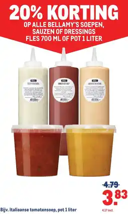 Makro OP ALLE BELLAMY'S SOEPEN, SAUZEN OF DRESSINGS FLES 700 ML OF POT 1 LITER aanbieding