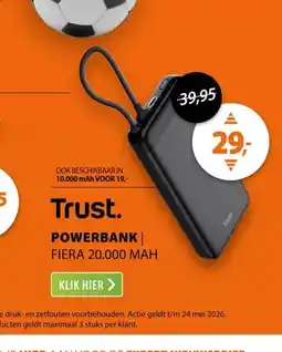 Expert Trust Fiera 20.000 mAh Powerbank met geïntegreerde kabel aanbieding