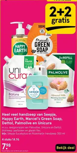 Etos Heel veel handzeep van Seepje, Happy Earth, Marcel's Green Soap, Dettol, Palmolive en Unicura aanbieding