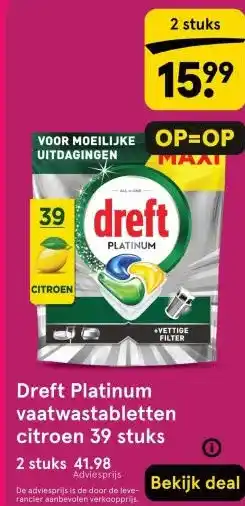 Etos Dreft Platinum vaatwastabletten citroen 39 stuks aanbieding