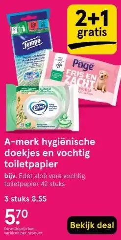 Etos A-merk hygiënische doekjes en vochtig toiletpapier aanbieding