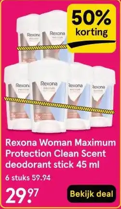 Etos Rexona Woman Maximum Protection Clean Scent deodorant stick 45 ml aanbieding