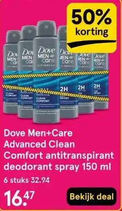 Etos Dove Men+Care Advanced Clean Comfort antitranspirant deodorant spray 150 ml aanbieding