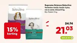 Pets Place Supreme Science Selective Varianten: konijn, konijn 4 plus, rat en cavia. Inhoud 3 kg. aanbieding