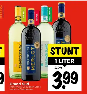 Vomar Voordeelmarkt Grand Sud Franse wijn. Sauvignon Blanc, Merlot of Chardonnay 1 liter aanbieding