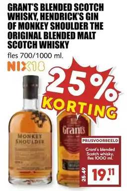 De Boerenschuur Grant's blended scotch whisky, hendrick's gin of monkey shoulder the original blended malt scotch whisky aanbieding