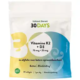 Holland & Barrett 2e product 50% korting | Holland & Barrett 30DAYS Vitamine K2 + D3 – 30 softgels aanbieding