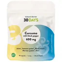 Holland & Barrett 2e product 50% korting | Holland & Barrett 30DAYS Kurkuma Met Zwarte Peper 600mg - 30 capsules aanbieding