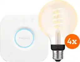 Coolblue Philips Hue Filament White Ambiance Globe 4-Pack + Bridge aanbieding